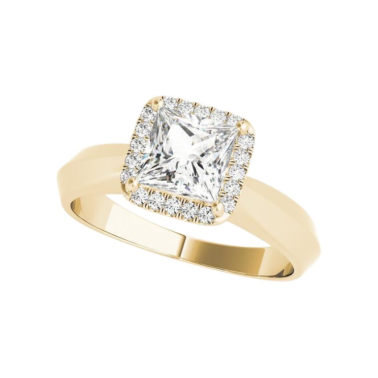 Anillo de diamantes con halo cuadrado y banda de filo de navaja princesa de 1,25 ct certificado por GIA en venta