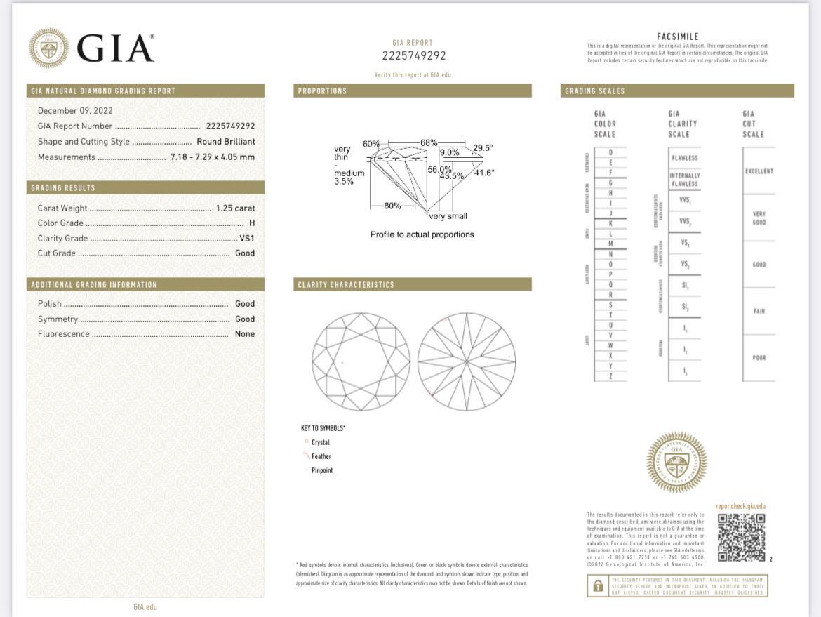 GIA Certified 1.25ct Solitaire Diamond Ring 14k Gold VS1 Clarity Natural H Color For Sale 3