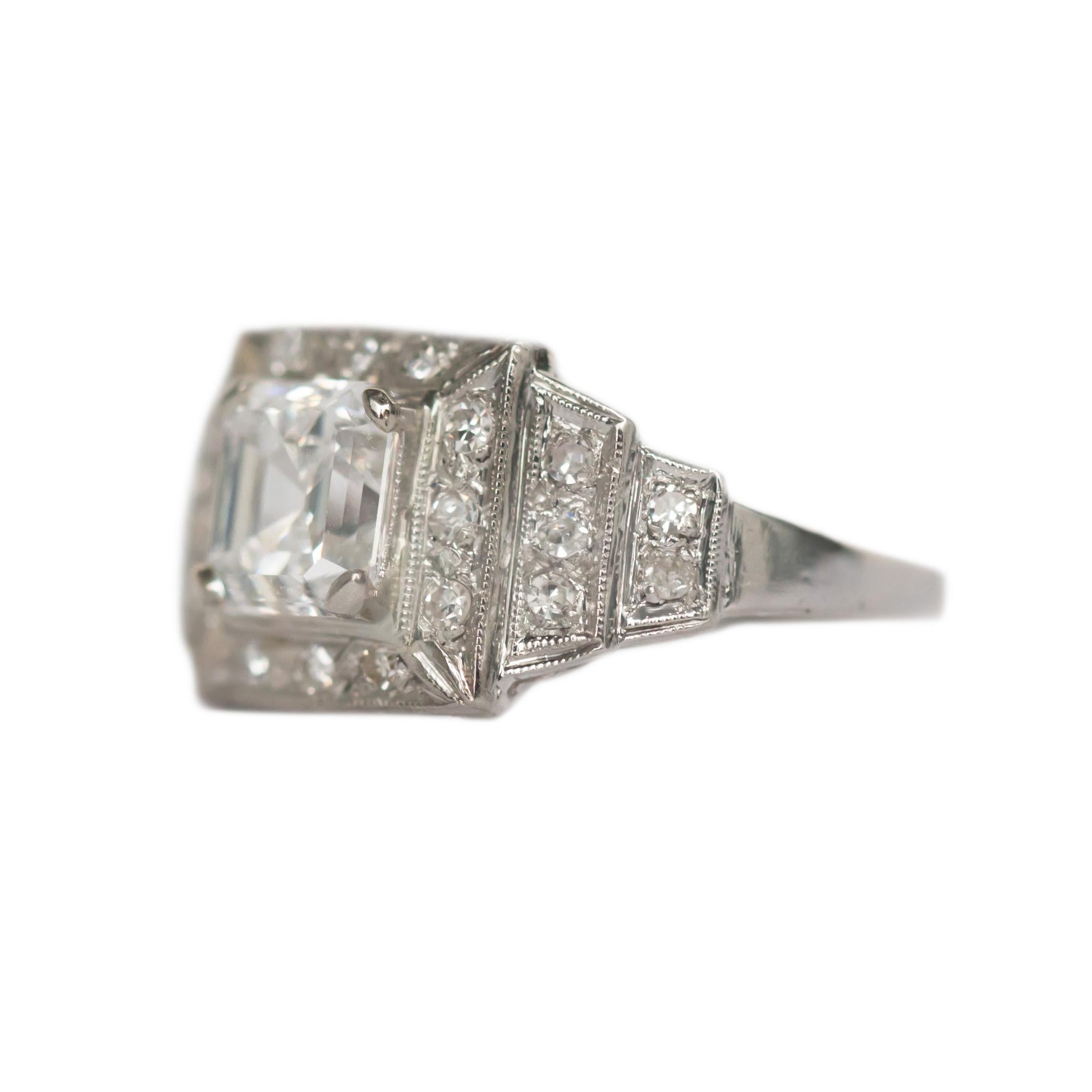 Ring Size: 7.75
Metal Type: Platinum  [Hallmarked, and Tested]
Weight:  3.3  grams

Center Diamond Details:
GIA REPORT #15168817
Weight: 1.26 carat
Cut: Square Emerald Cut
Color: D
Clarity: VS2

Side Diamond Details:
Weight: .30 carat, total