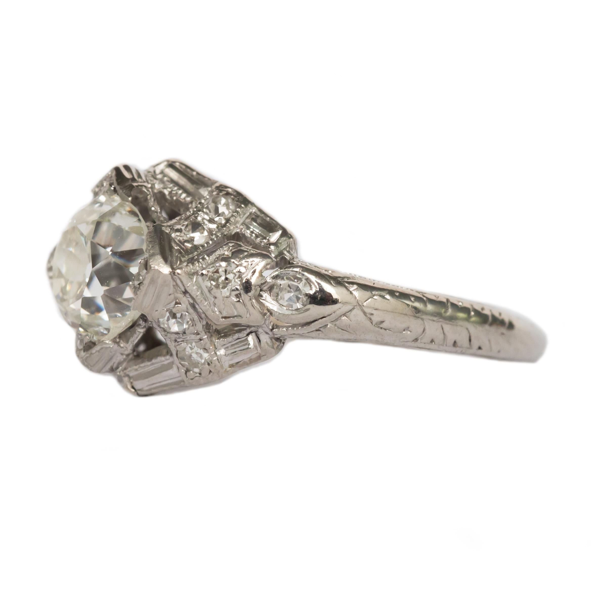 Ring Size: 4.95
Metal Type: Platinum
Weight: 3.4 grams

Center Diamond Details
GIA CERTIFIED Center Diamond - Certificate # 5182962546
Shape: Old Mine Brilliant 
Carat Weight: 1.26 carat
Color: J
Clarity: SI2

Side Stone Details: 
Shape: Antique