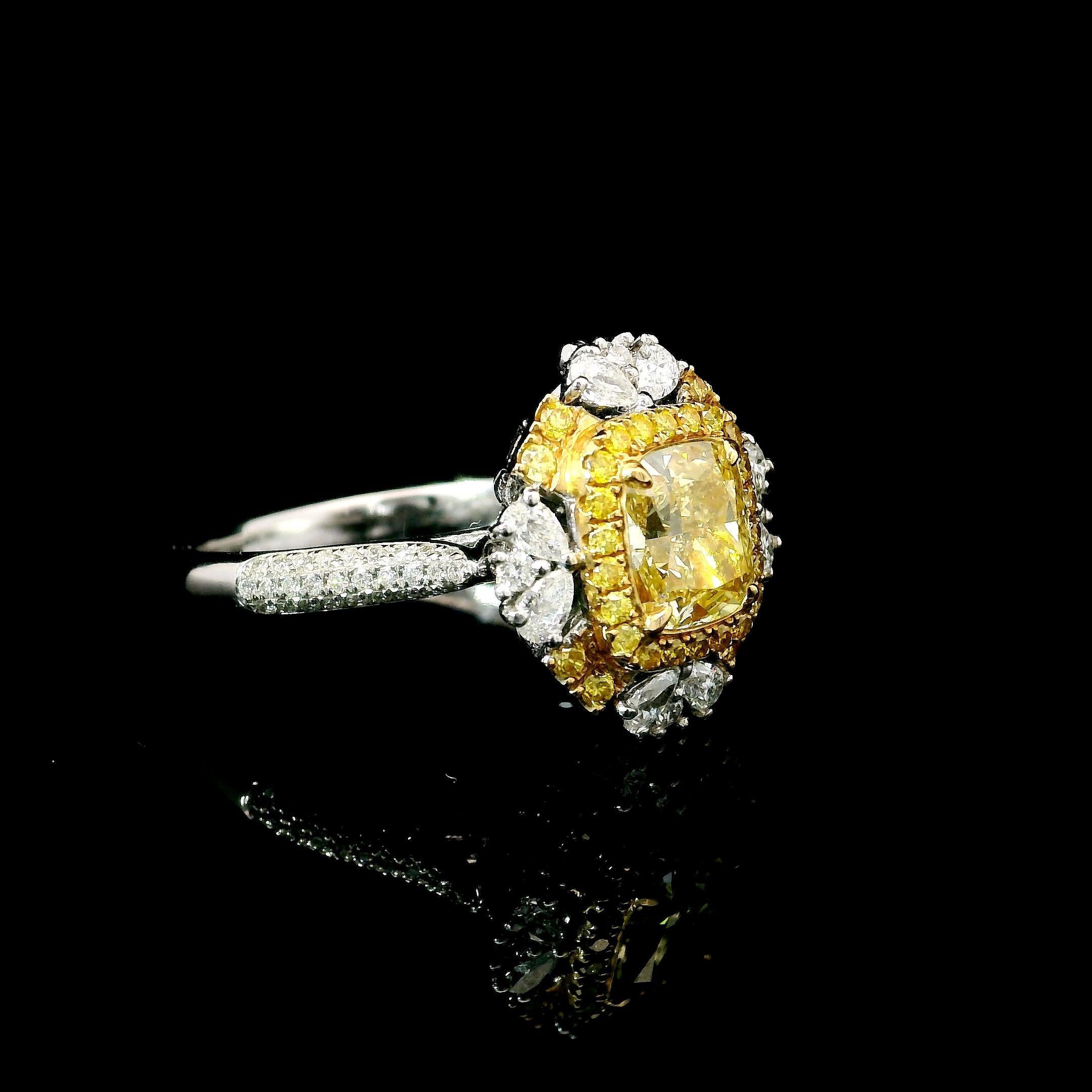 Radiant Cut GIA Certified 1.26 Carat Fancy Intense Yellow SI1 Clarity Diamond Ring For Sale