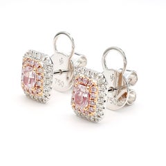 GIA Certified 1.26 Carat Pink Diamond Radiant Cut Double Halo Earrings 18K Gold