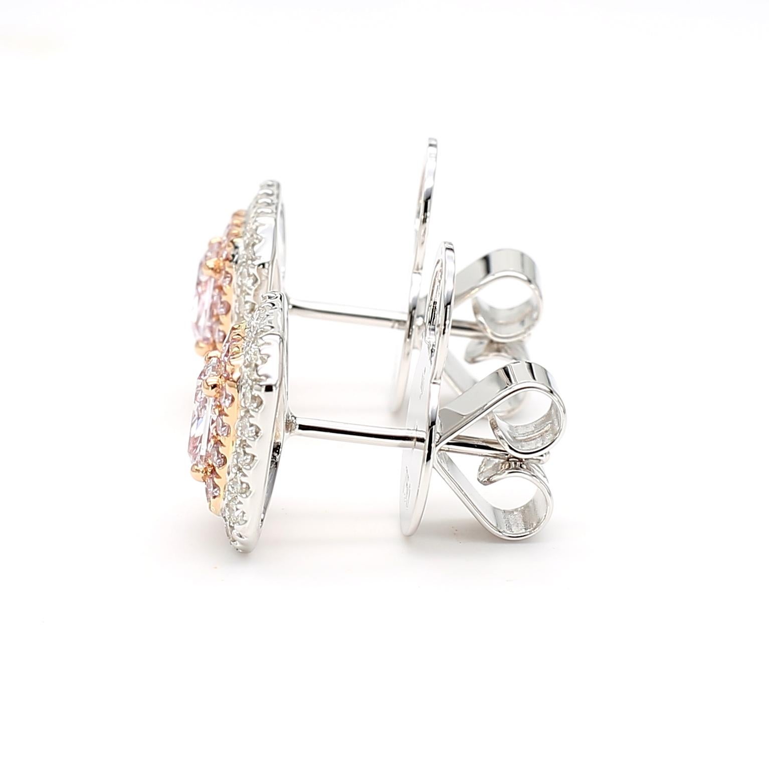 Taille radiant Boucles d'oreilles double halo en or 18 carats certifié GIA 1,26 carat de diamant rose taille radiant en vente