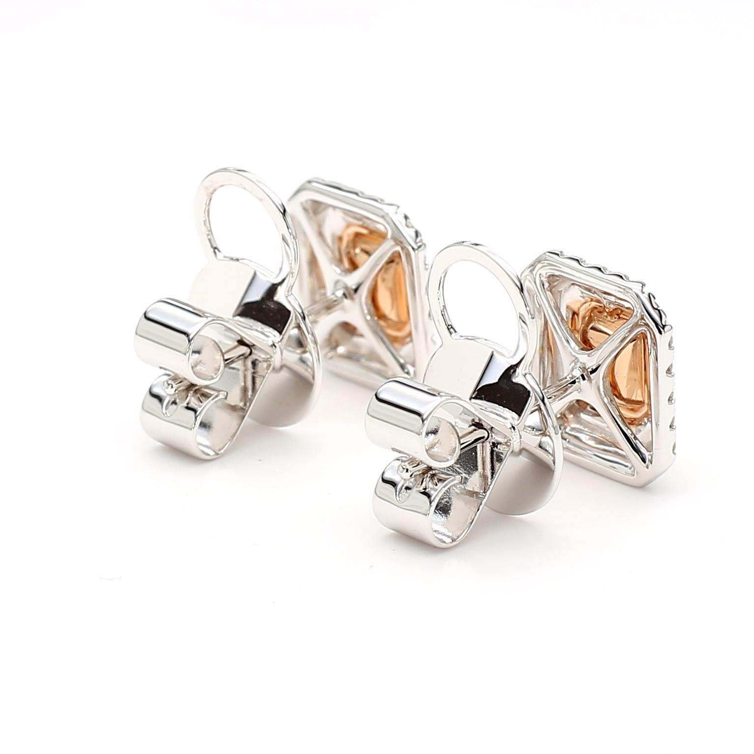 Boucles d'oreilles double halo en or 18 carats certifié GIA 1,26 carat de diamant rose taille radiant en vente 1