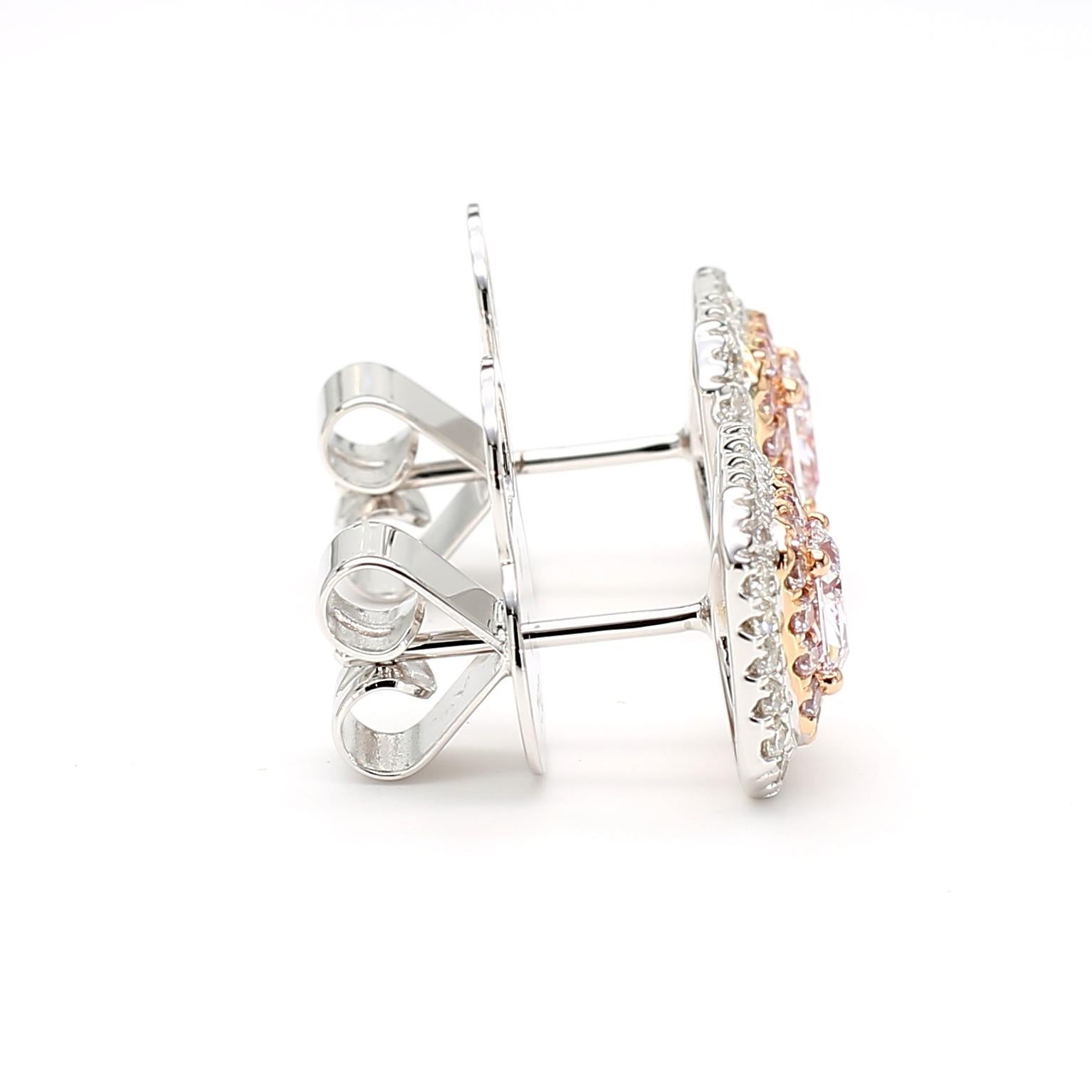 Boucles d'oreilles double halo en or 18 carats certifié GIA 1,26 carat de diamant rose taille radiant en vente 2
