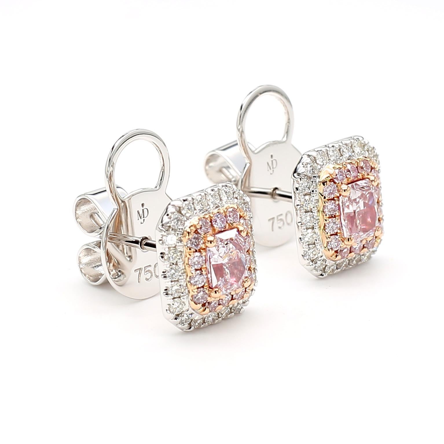 Boucles d'oreilles double halo en or 18 carats certifié GIA 1,26 carat de diamant rose taille radiant en vente 3