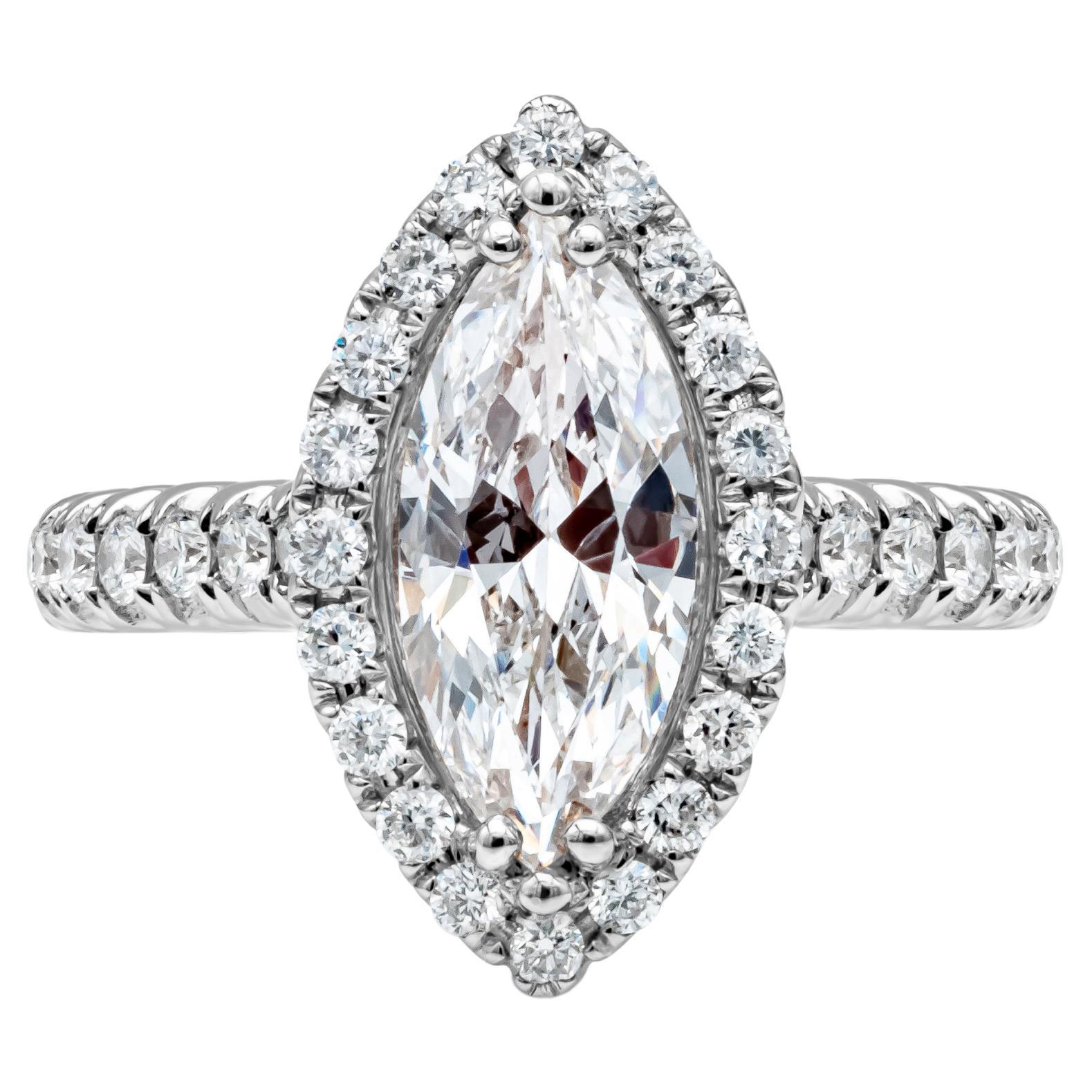 GIA Certified 1.26 Carats Total Marquise Cut Diamond Halo Pave Engagement Ring For Sale