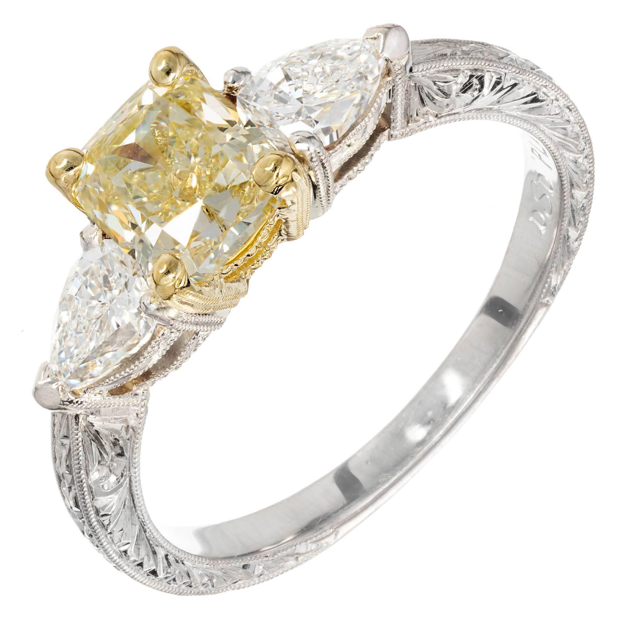 Bague de fiançailles en or et platine avec saphir jaune de 1,26 carat et diamants certifiés GIA