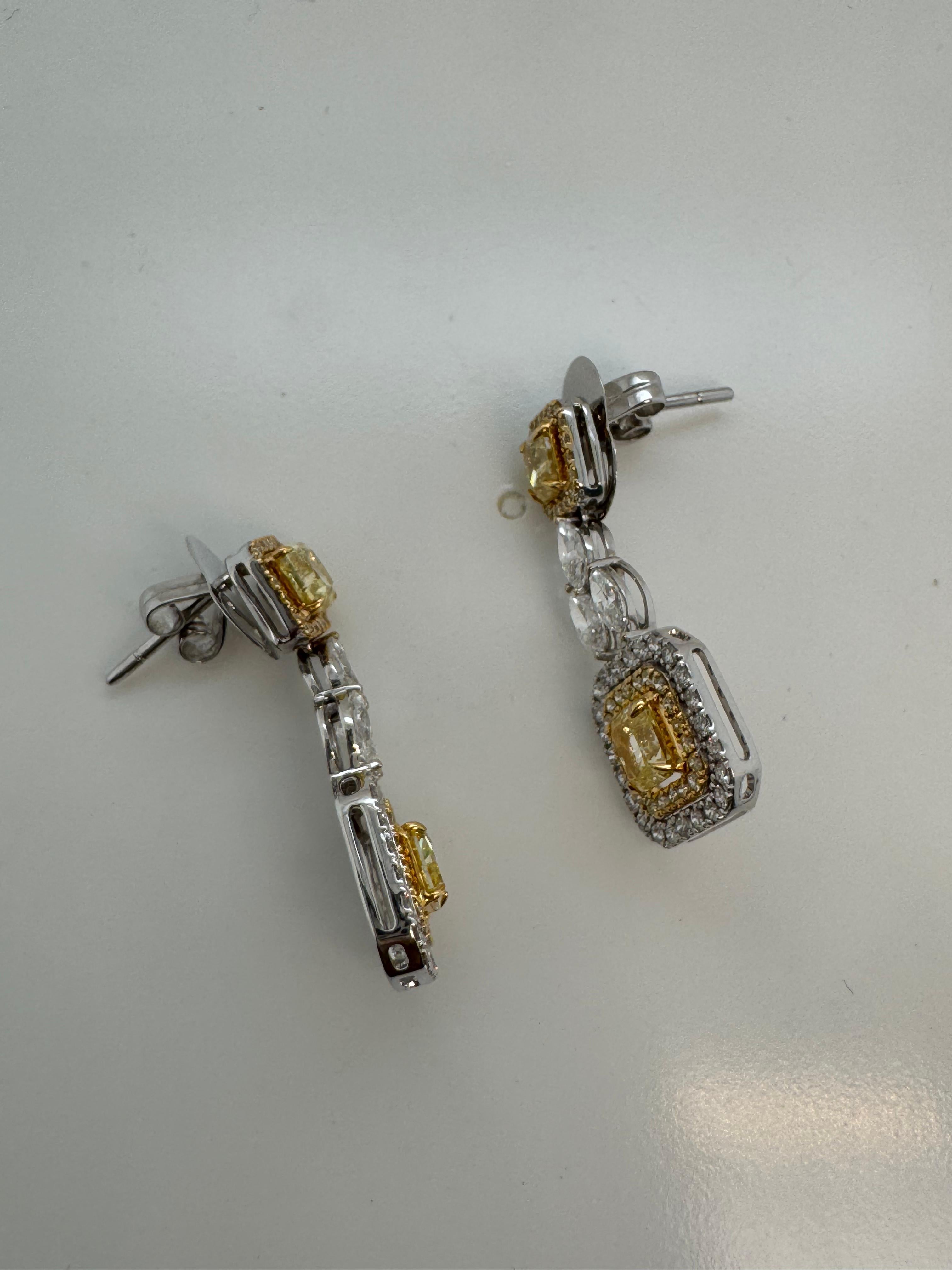 Cushion Cut GIA Certified 1.26 Cts. Fancy Intense Yellow Diamond Earrings in 18k White Gold For Sale