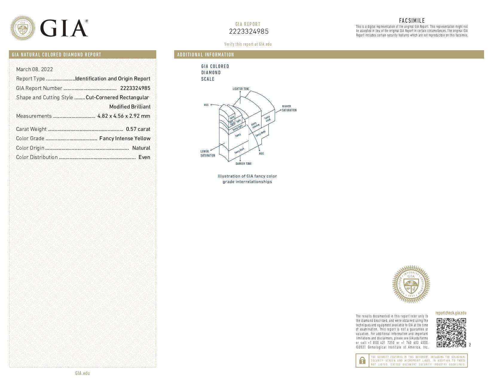 Women's GIA Certified 1.26 Cts. Fancy Intense Yellow Diamond Earrings in 18k White Gold For Sale