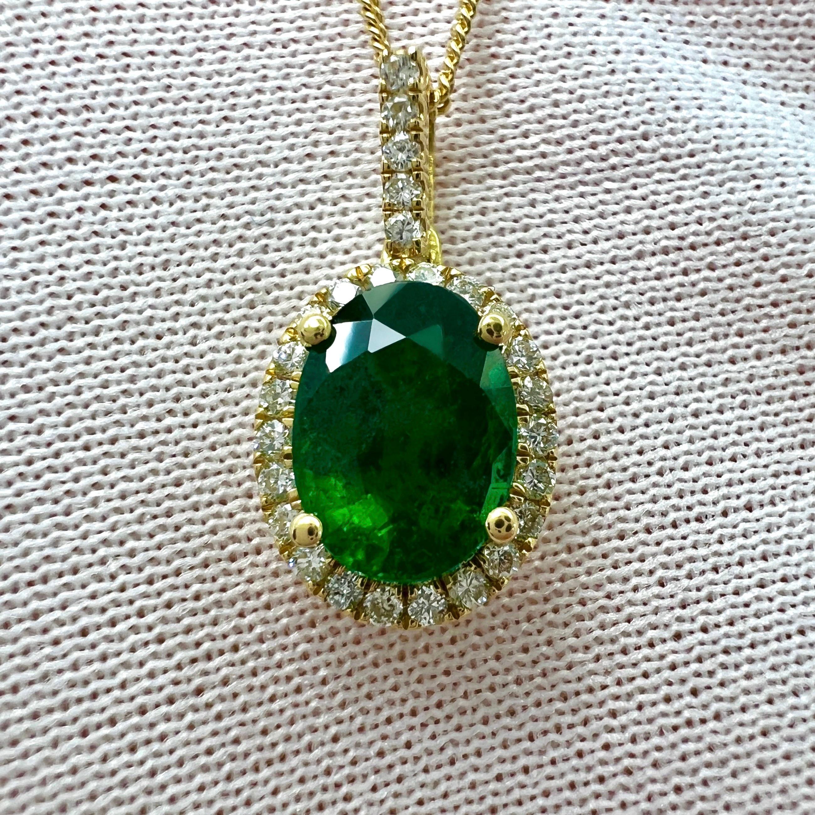 GIA Certified 1.26ct Fine Green Oval Cut Emerald & Diamond 18k Gold Halo Pendant For Sale 6