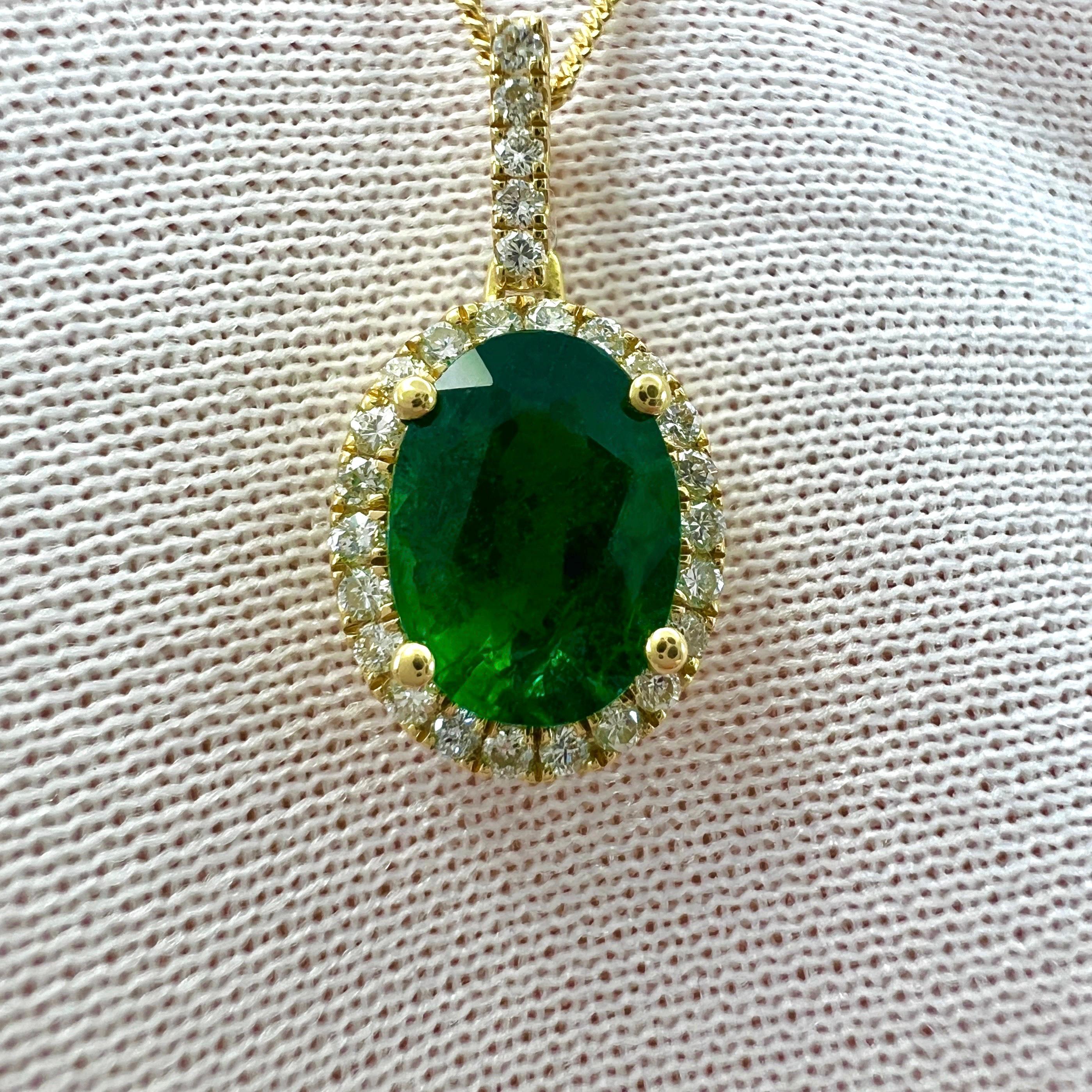 GIA Certified 1.26ct Fine Green Oval Cut Emerald & Diamond 18k Gold Halo Pendant For Sale 7