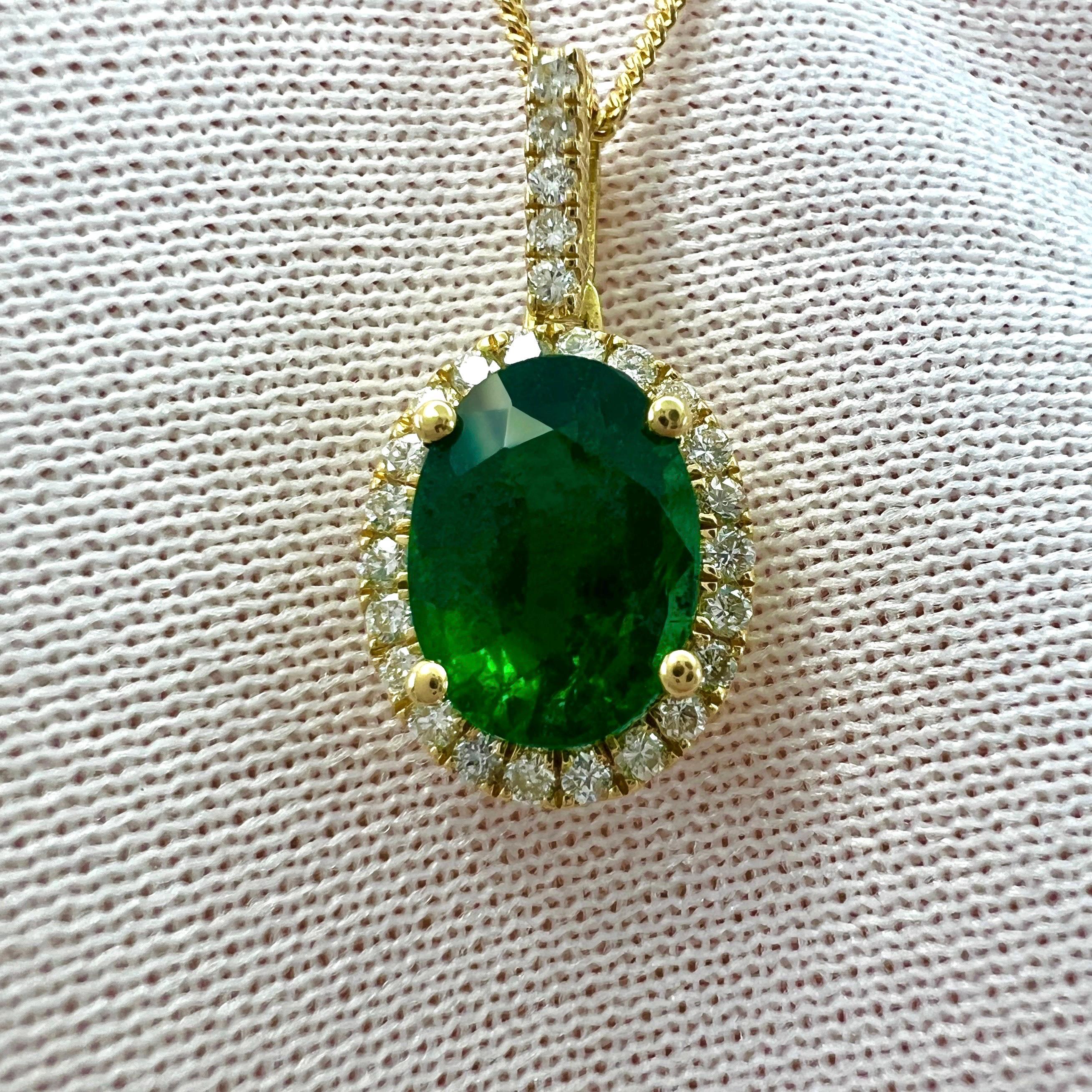 Women's or Men's GIA Certified 1.26ct Fine Green Oval Cut Emerald & Diamond 18k Gold Halo Pendant For Sale