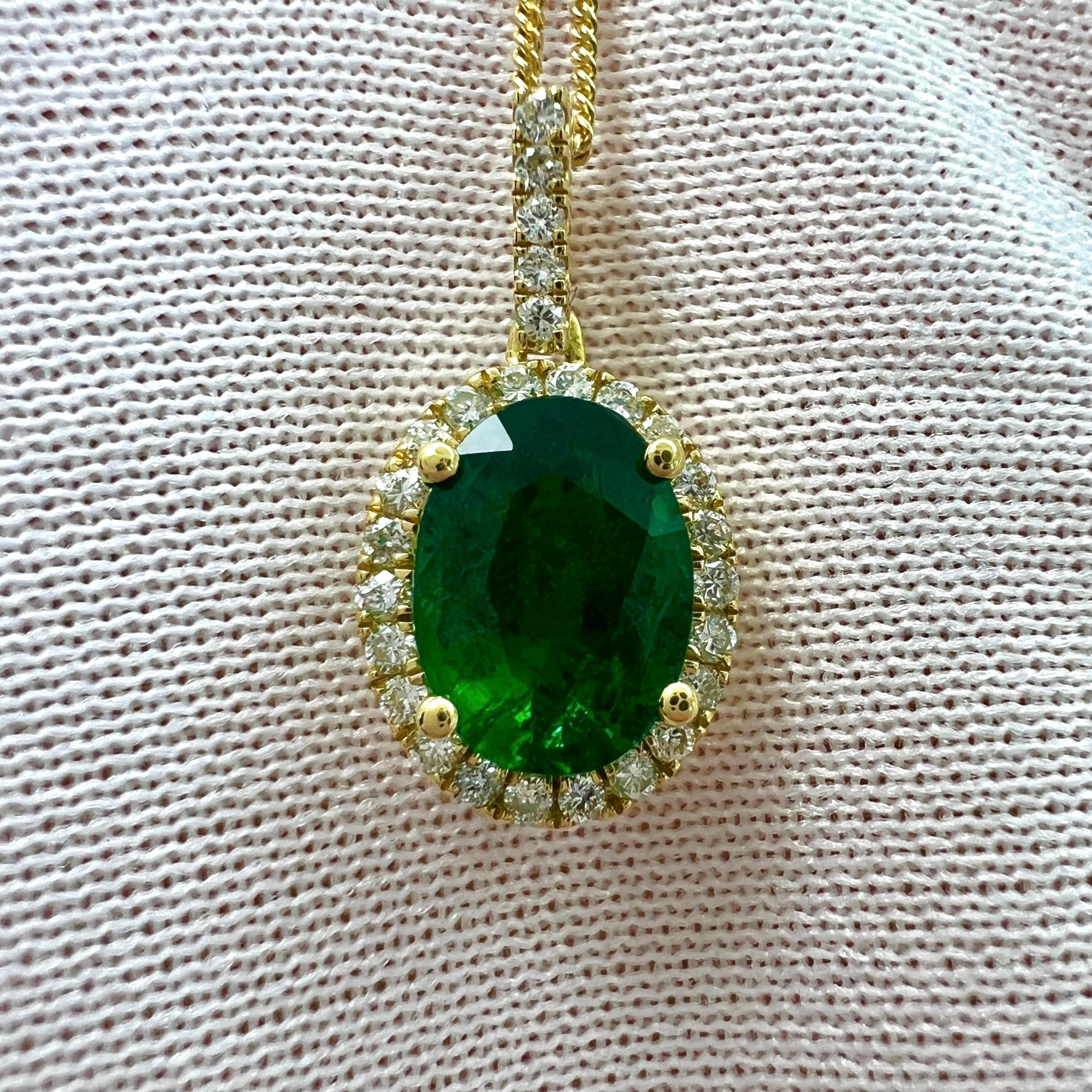 GIA Certified 1.26ct Fine Green Oval Cut Emerald & Diamond 18k Gold Halo Pendant For Sale 1