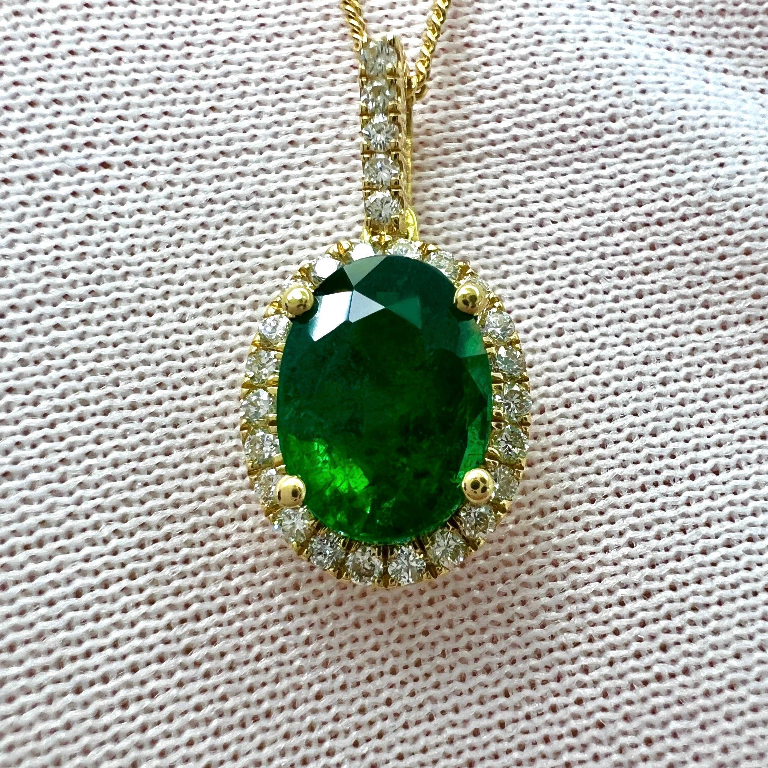 GIA Certified 1.26ct Fine Green Oval Cut Emerald & Diamond 18k Gold Halo Pendant For Sale 3