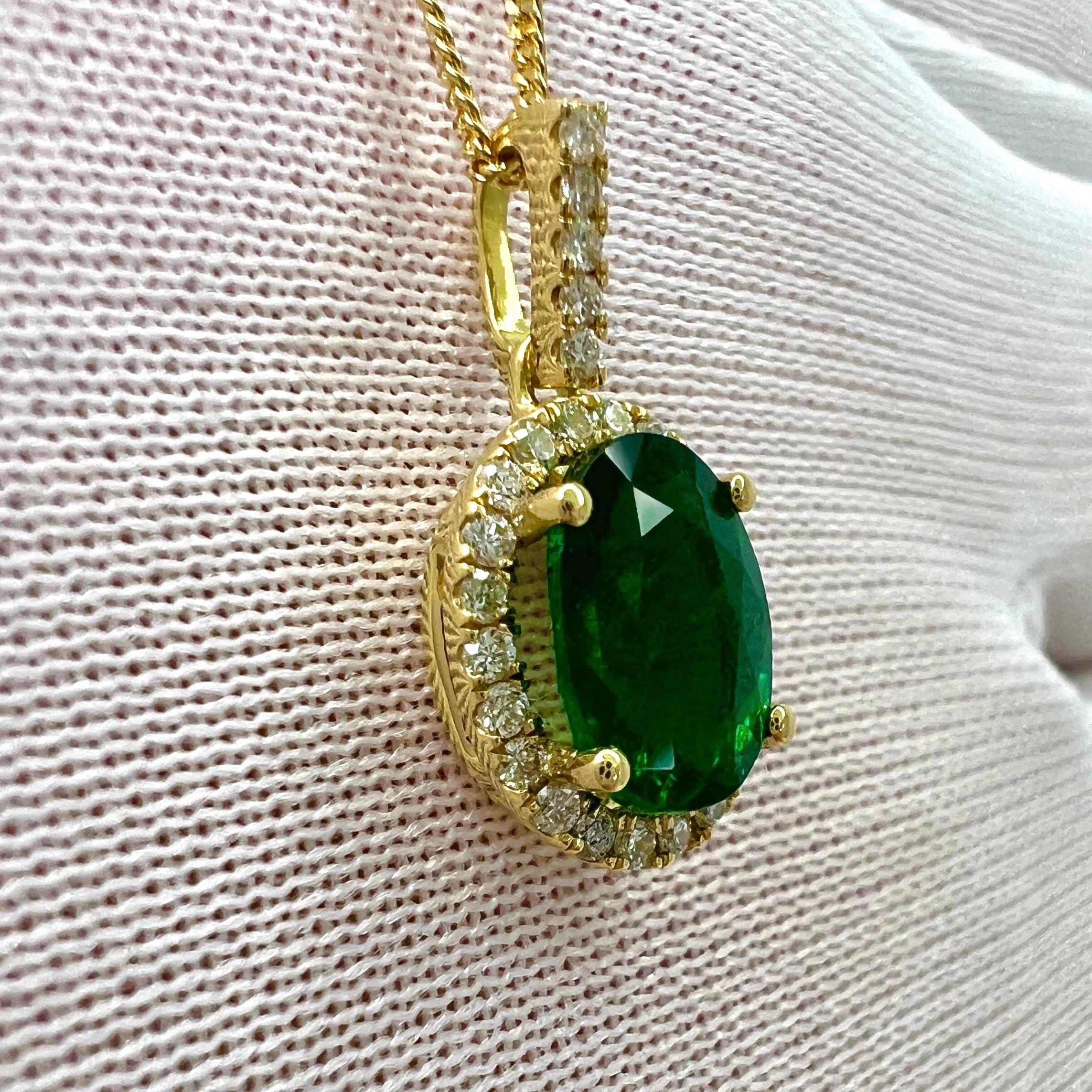 GIA Certified 1.26ct Fine Green Oval Cut Emerald & Diamond 18k Gold Halo Pendant For Sale 4
