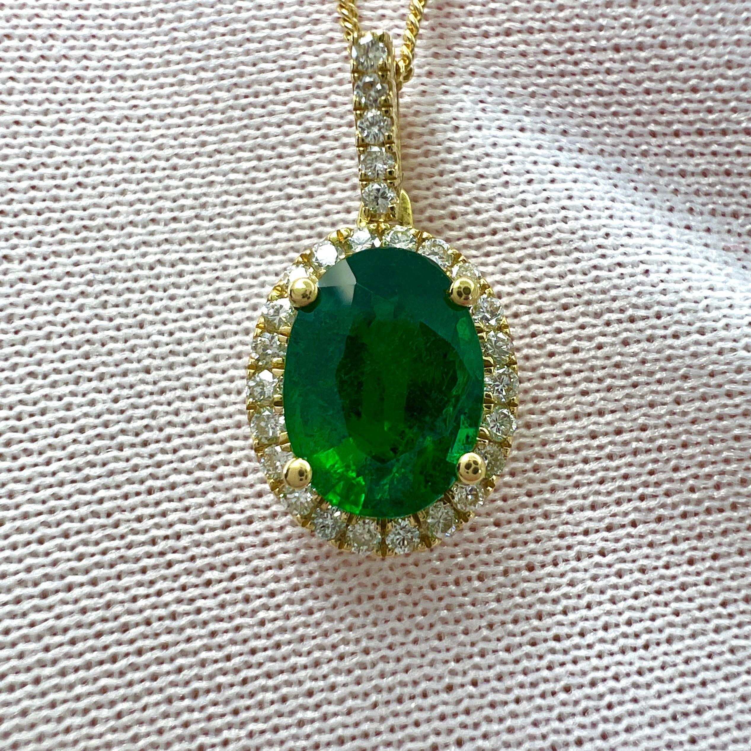 GIA Certified 1.26ct Fine Green Oval Cut Emerald & Diamond 18k Gold Halo Pendant For Sale 5