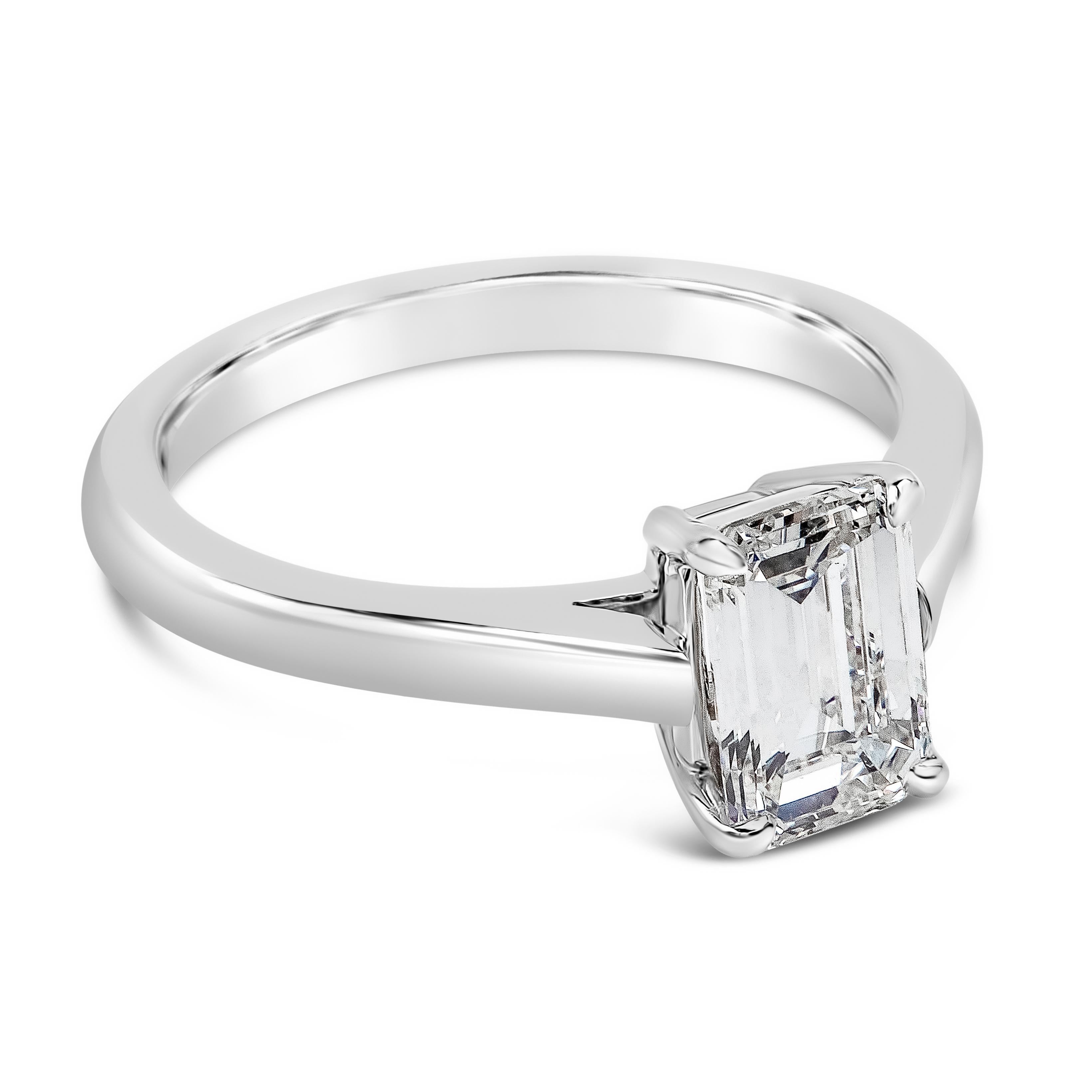 A classy solitaire engagement ring showcasing a 1.27 carats emerald cut diamond certified by GIA as G color and VS1 in clarity, set in a timeless four prong basket setting and a polished platinum mounting. Size 6.25 US resizable upon request.

Roman