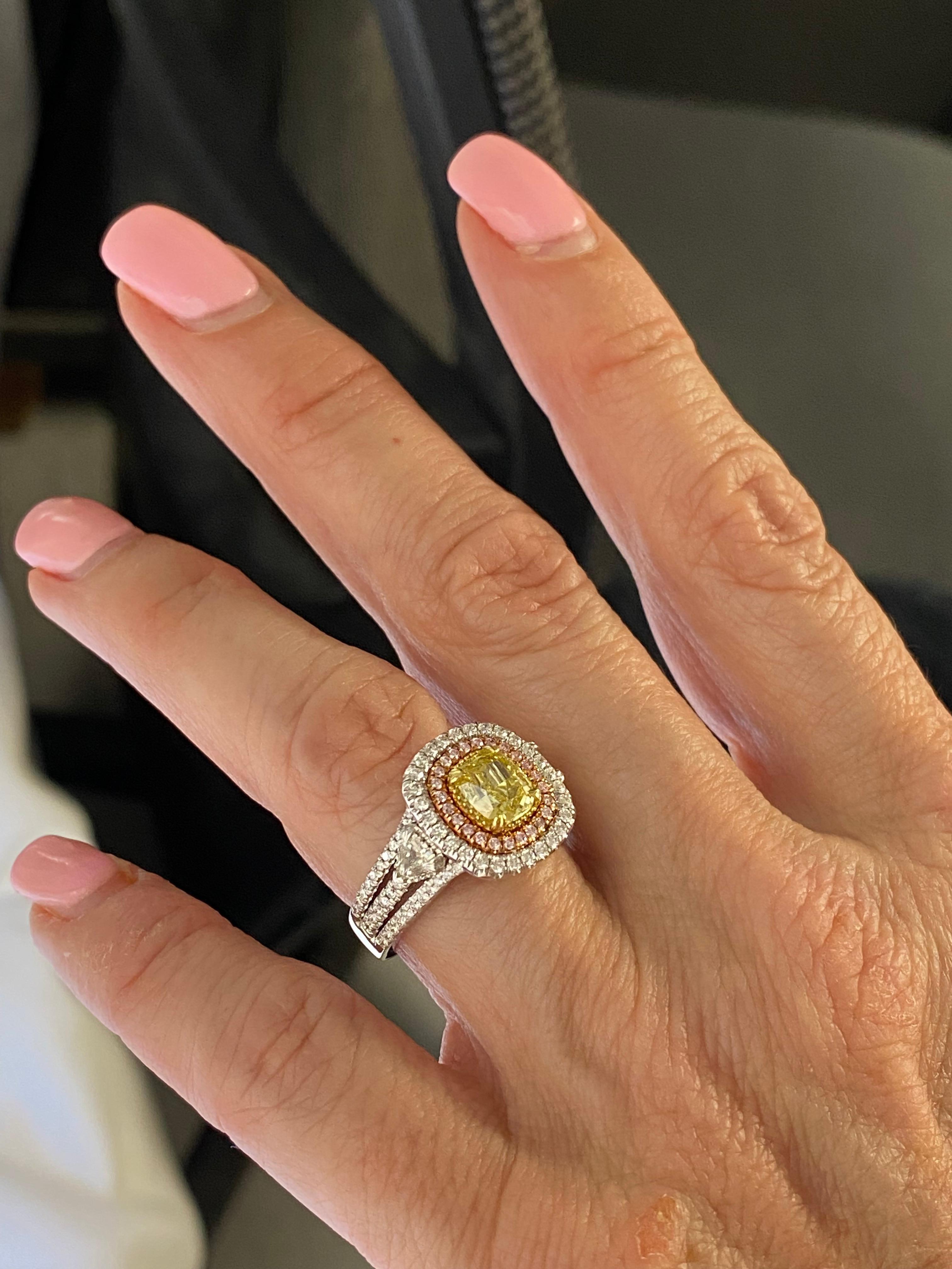 GIA Certified 1.27 Ct Vivid Yellow Cushion Cut Diamond Engagement Ring 18K Gold For Sale 3