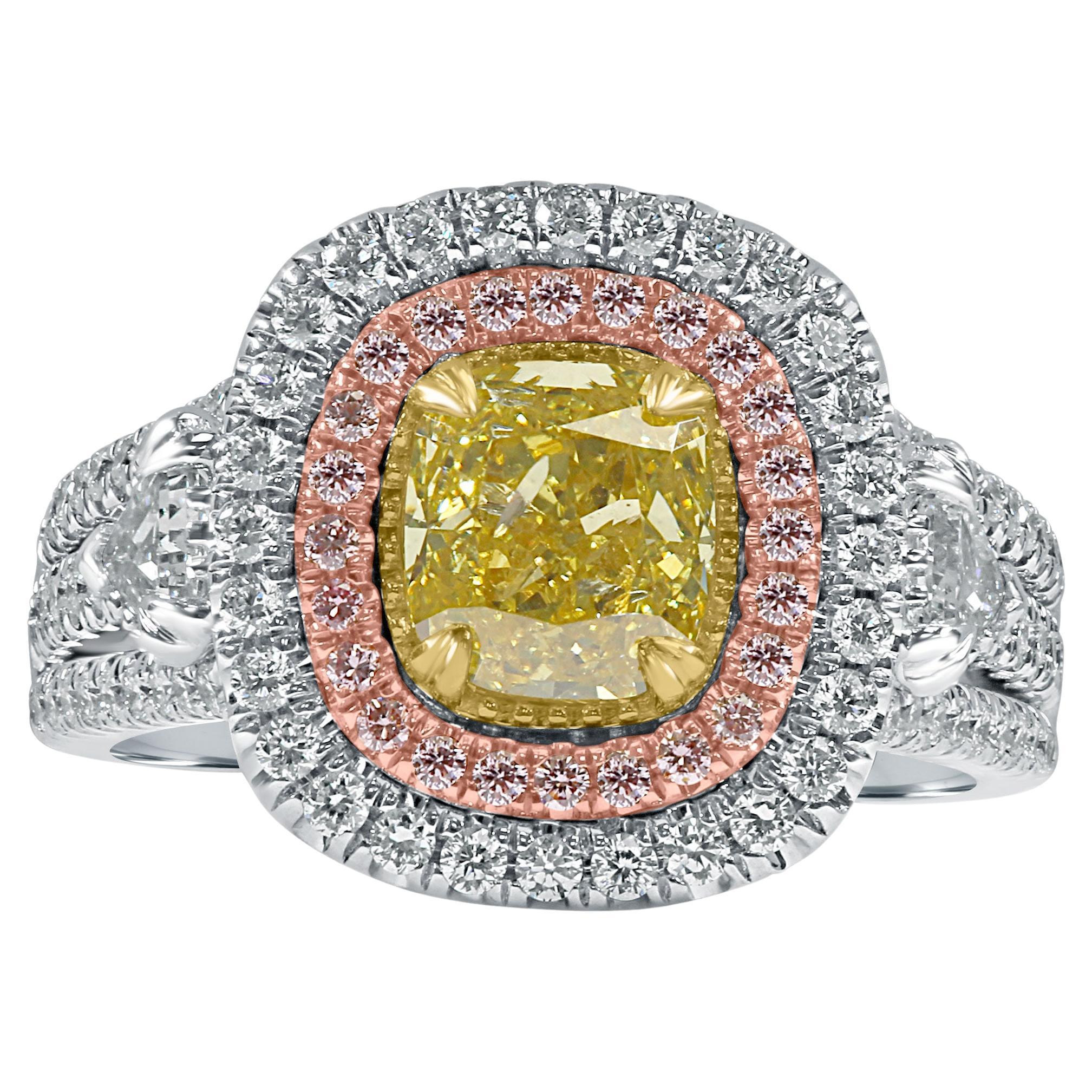 GIA Certified 1.27 Ct Vivid Yellow Cushion Cut Diamond Engagement Ring 18K Gold