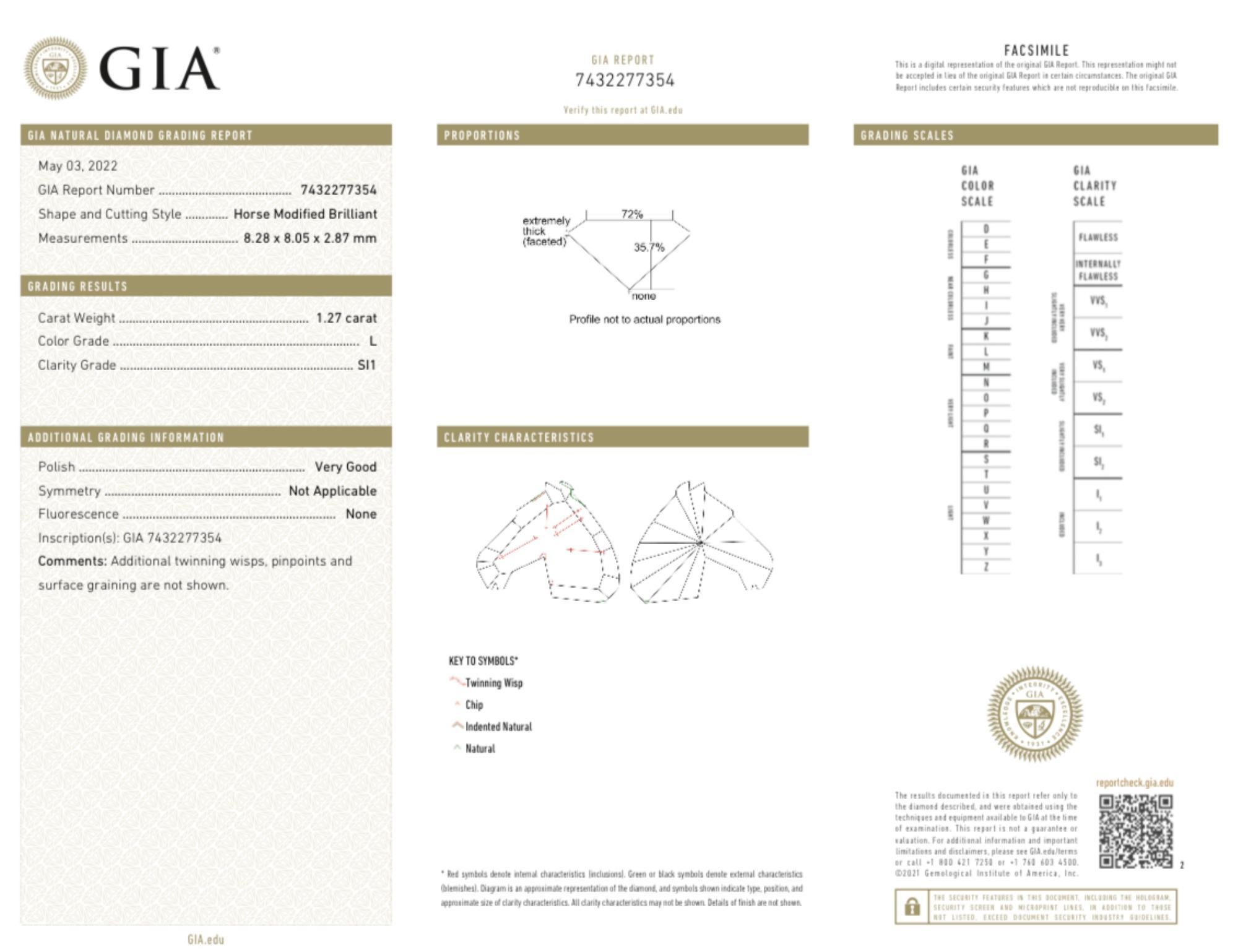 Gia Certified 1.27ct Horse Modified Brilliant L SI1 Diamond Ring in 18k Gold For Sale 7