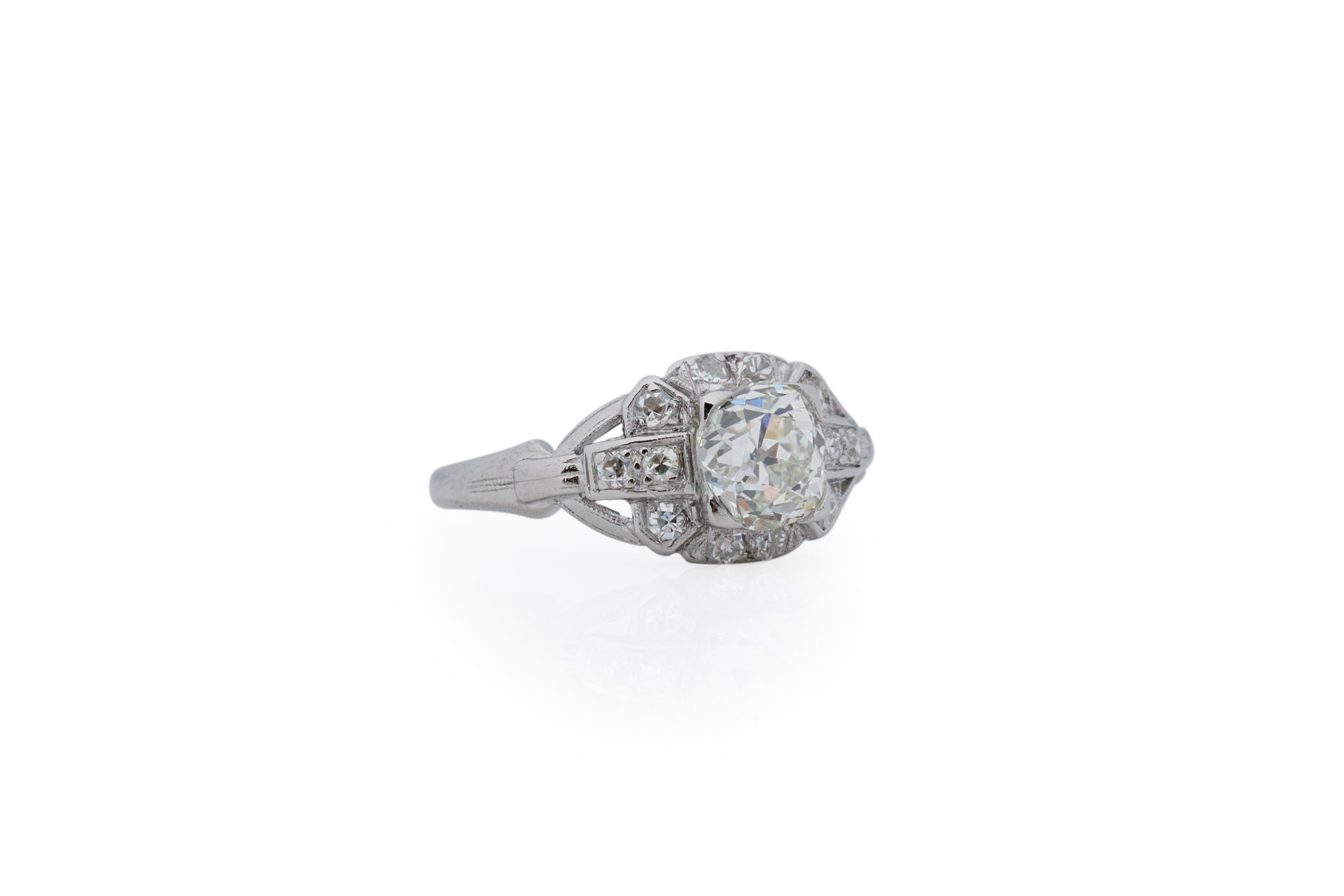 Ring Size: 6
Metal Type: Platinum [Hallmarked, and Tested]
Weight: 3.0 grams

Center Diamond Details:
GIA REPORT #:2213319823
Weight: 1.28 carat
Cut: Antique Cushion
Color: I
Clarity: VS2
Measurements: 6.31mm x 6.15mm x 4.64mm

Side Stone