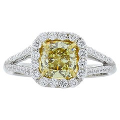 GIA Certified 1.28 Carat Cushion Cut Fancy Yellow Diamond Cocktail Ring in Plat
