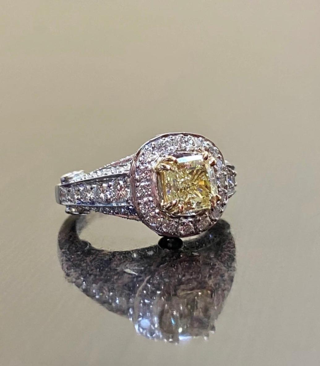 Modern GIA Certified 1.28 Carat Fancy Light Yellow Cushion Cut Diamond Engagement Ring For Sale