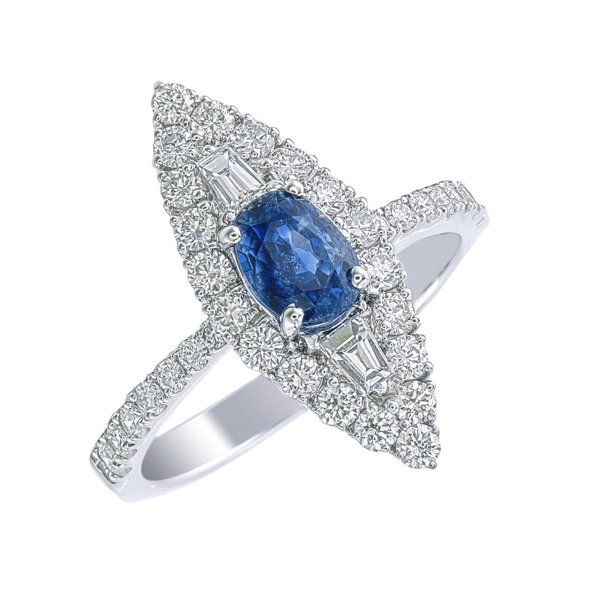 Moderno Anello di diamanti con zaffiro blu del Kashmir certificato GIA da 1,28 carati in oro bianco 18 carati in vendita