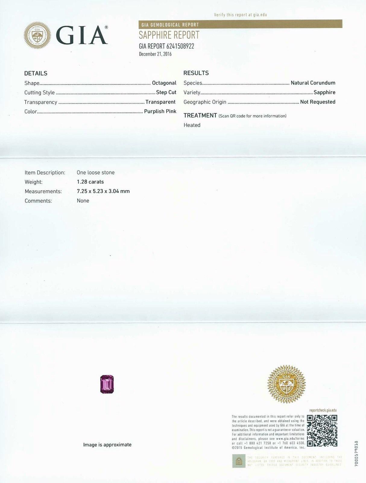 Women's or Men's GIA Certified 1.28 Carat Pink Purple Sapphire Emerald Cut 14 Karat Gold Pendant