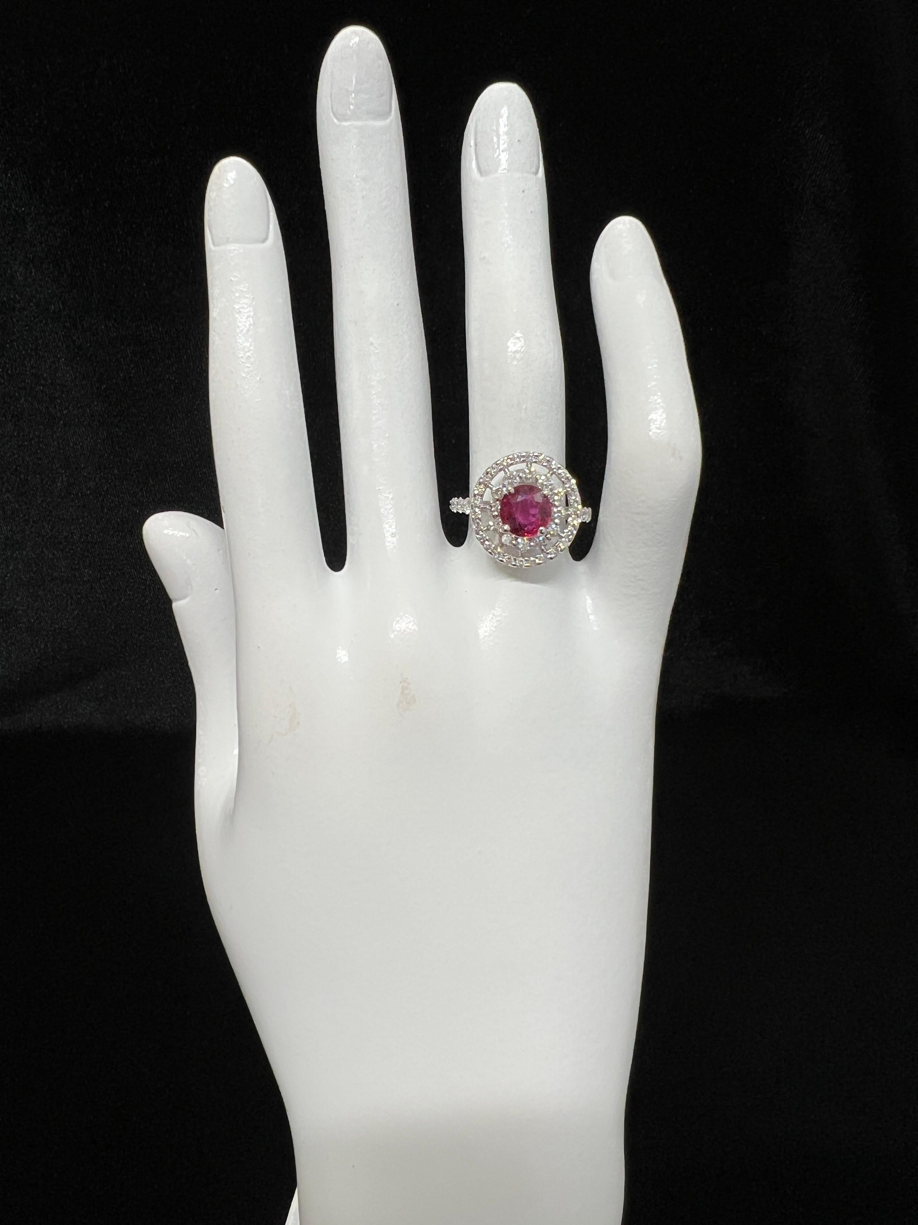 Oval Cut GIA Certified 1.28 Carat Siam Ruby and Diamond Ring Set in Platinum For Sale