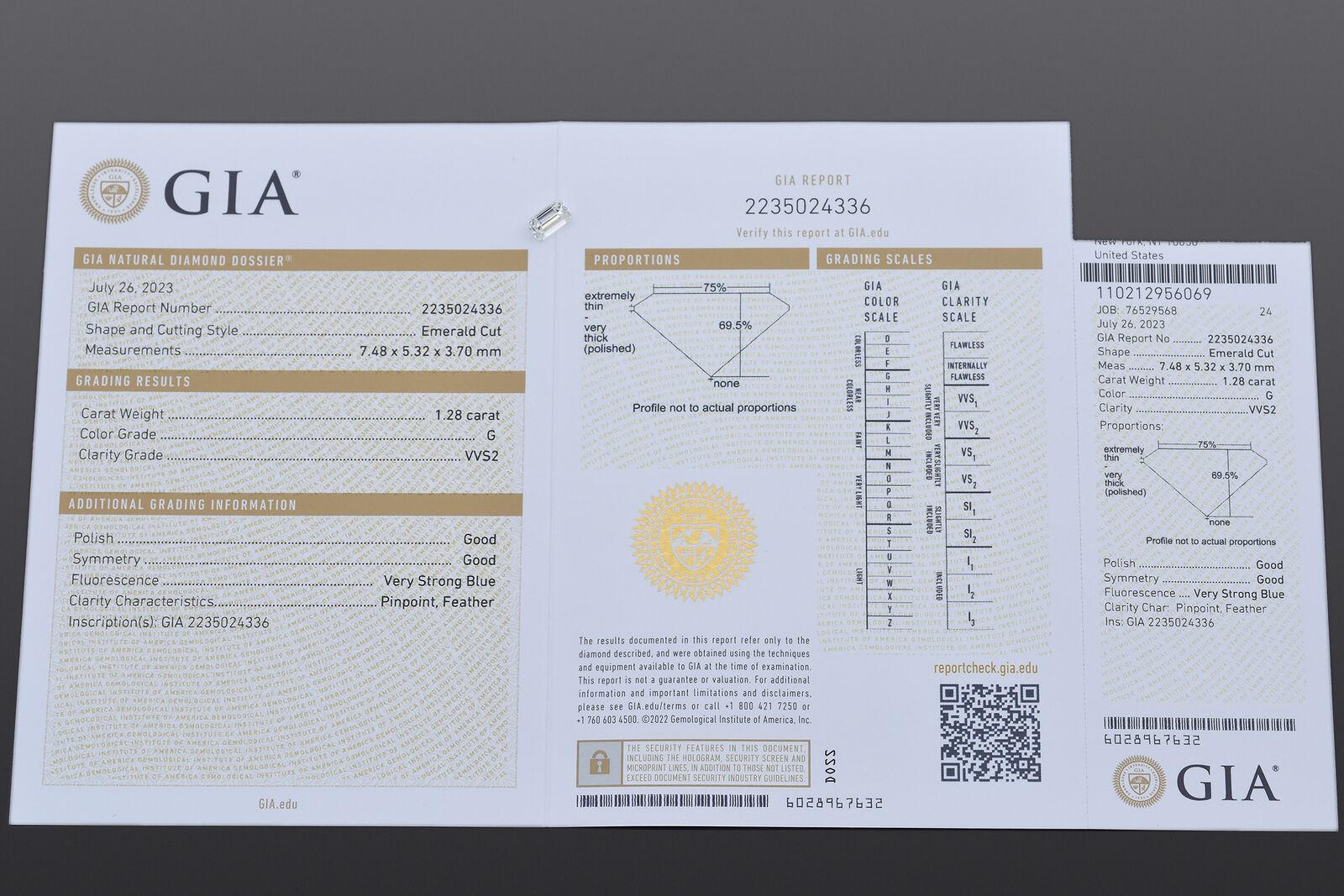 GIA-zertifizierter 1,28 Karat Smaragdschliff G VVS2 Loser Diamant 7,48 x 5,32 x 3,70 mm im Zustand „Gut“ im Angebot in New York, NY