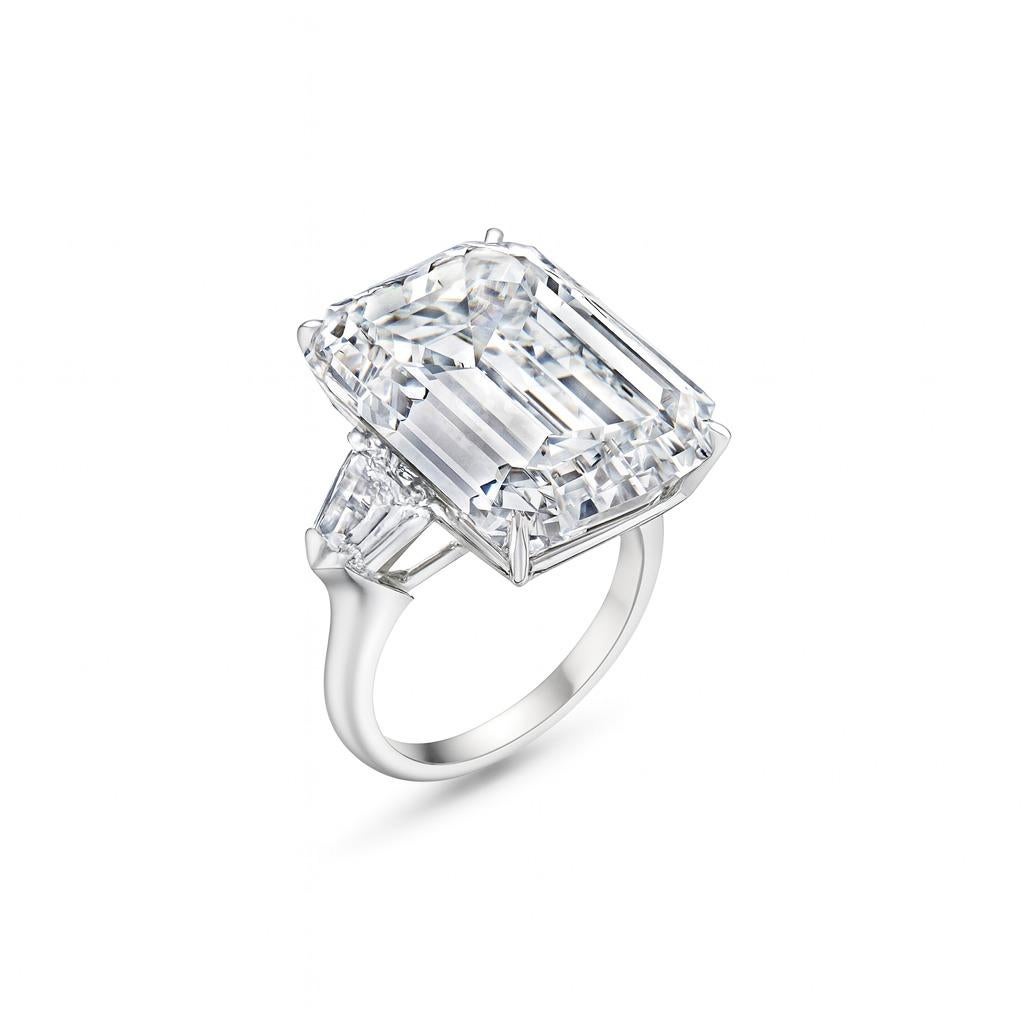 Contemporary GIA Certified 12.88 Carat Emerald Cut Diamond Ring with Tapered Baguettes in 18K For Sale