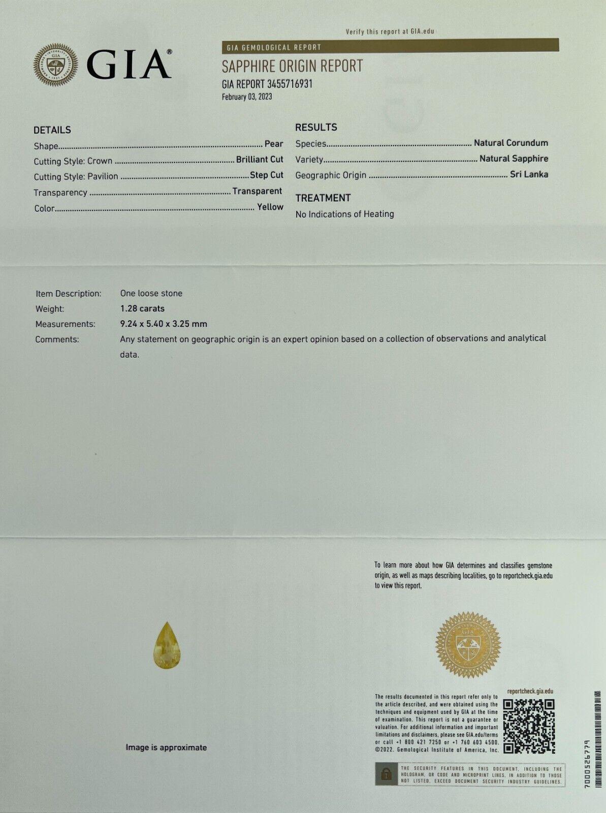 GIA Certified 1.28Ct Ceylon Sapphire Untreated Vivid Yellow Pear Cut en vente 2