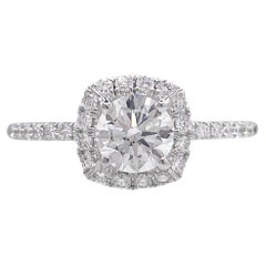 GIA Certified 1.28ctw Round Diamond Pave Halo Engagement Wedding Ring Set 