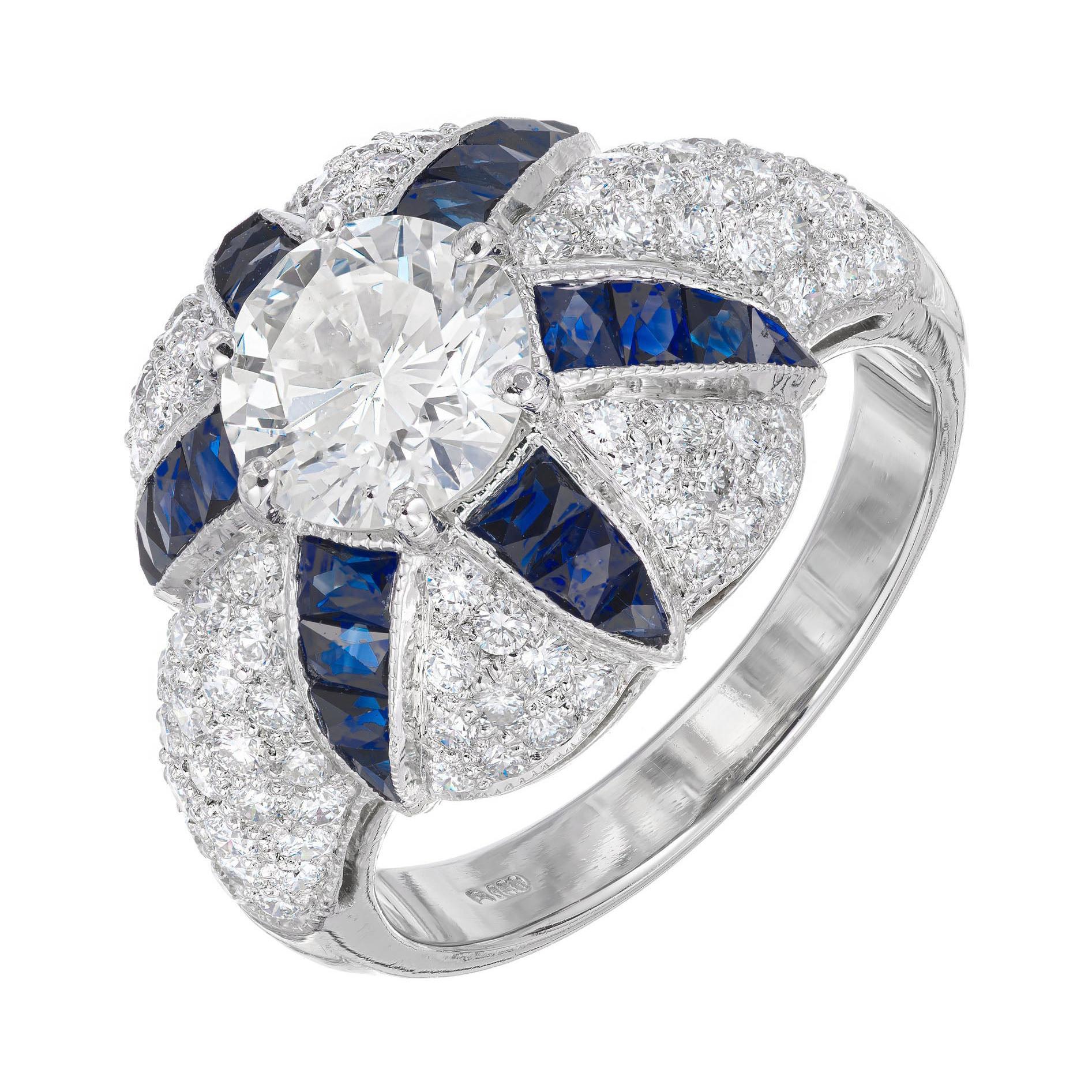 GIA Certified 1.29 Carat Calibre Sapphire Diamond Platinum Domed Engagement Ring For Sale