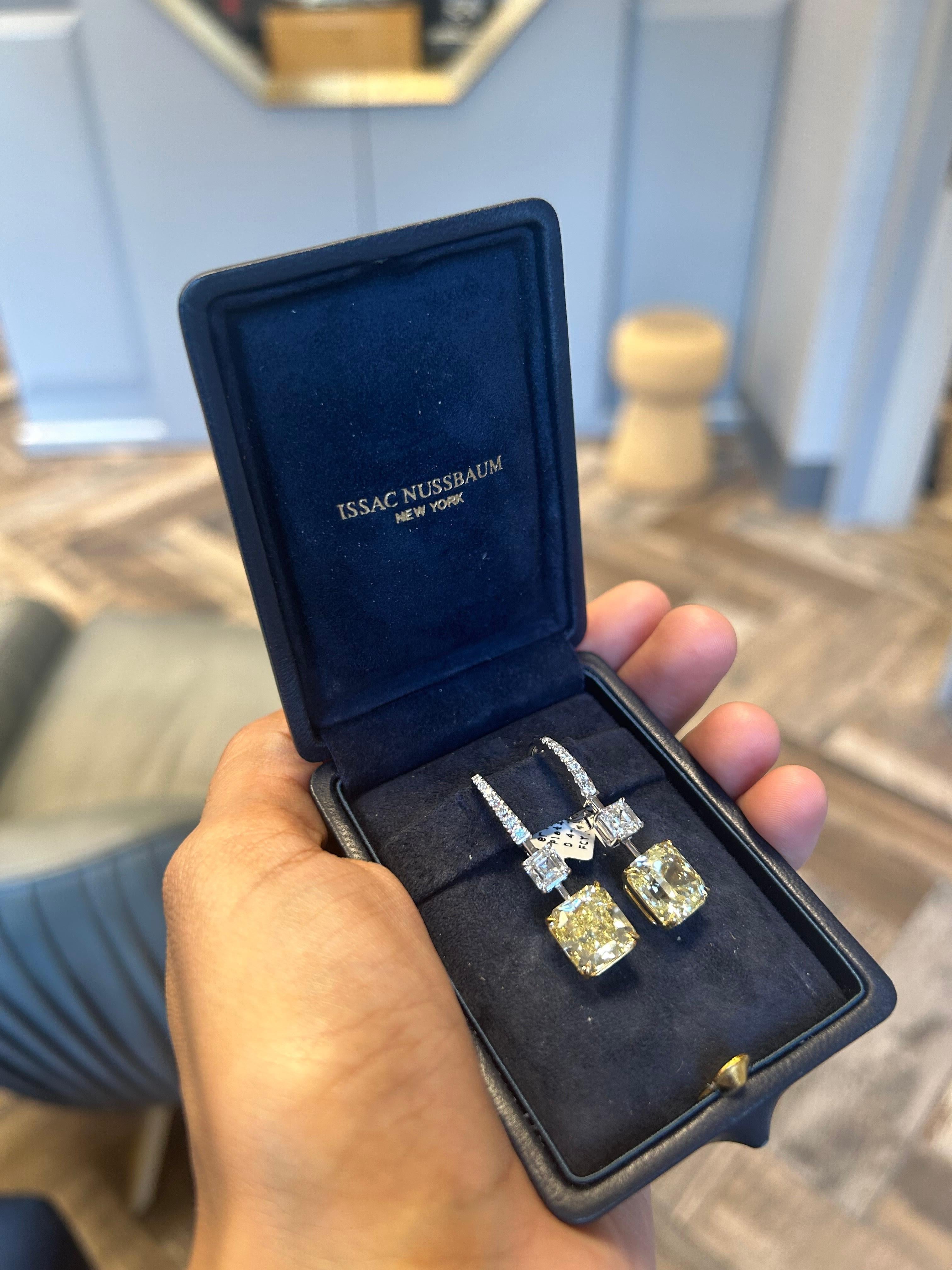 Modern Issac Nussbaum  12.91 Carat 18K WG-YG Square Emerald Diamond Earrings For Sale