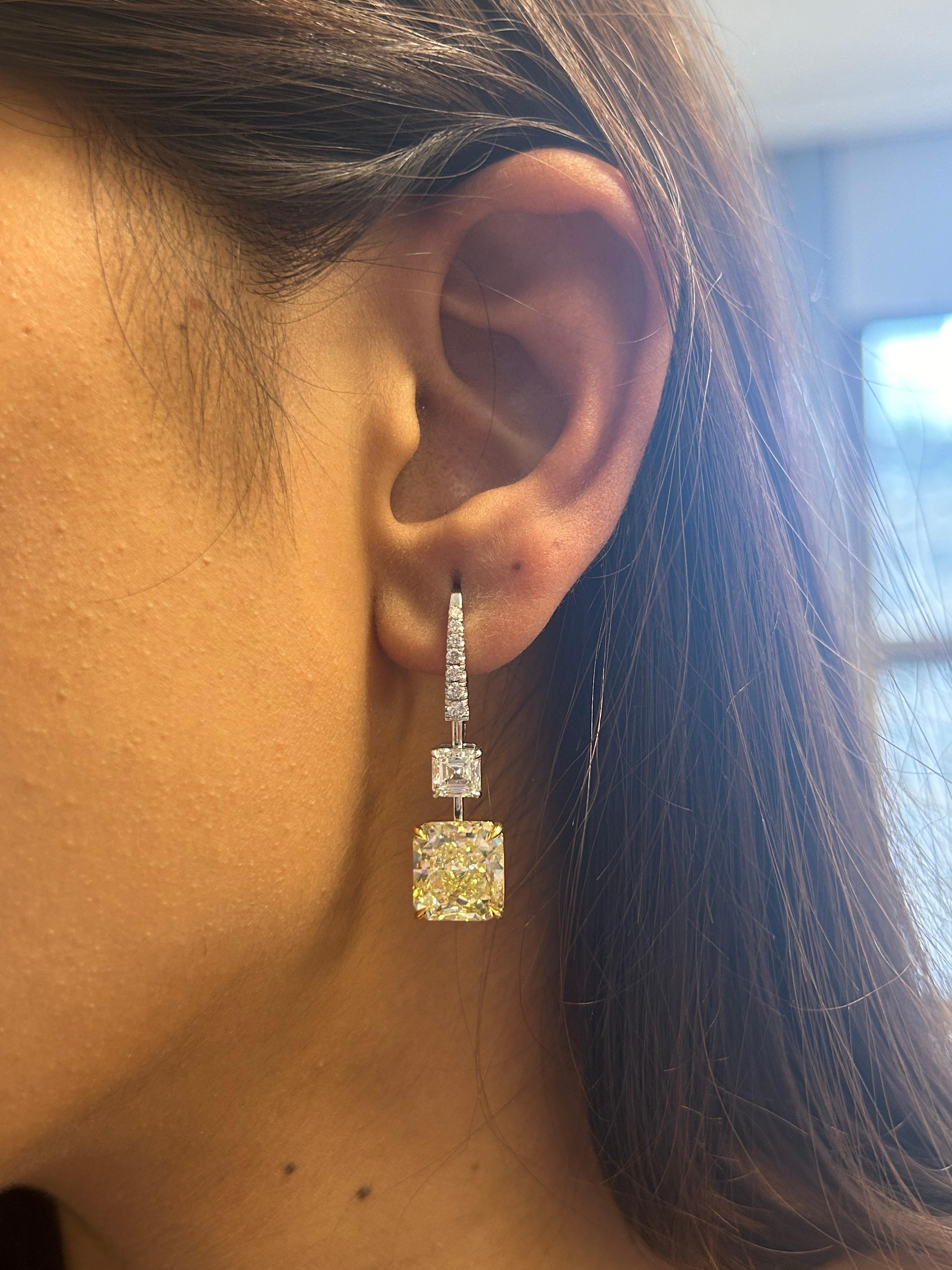 Square Cut Issac Nussbaum  12.91 Carat 18K WG-YG Square Emerald Diamond Earrings For Sale
