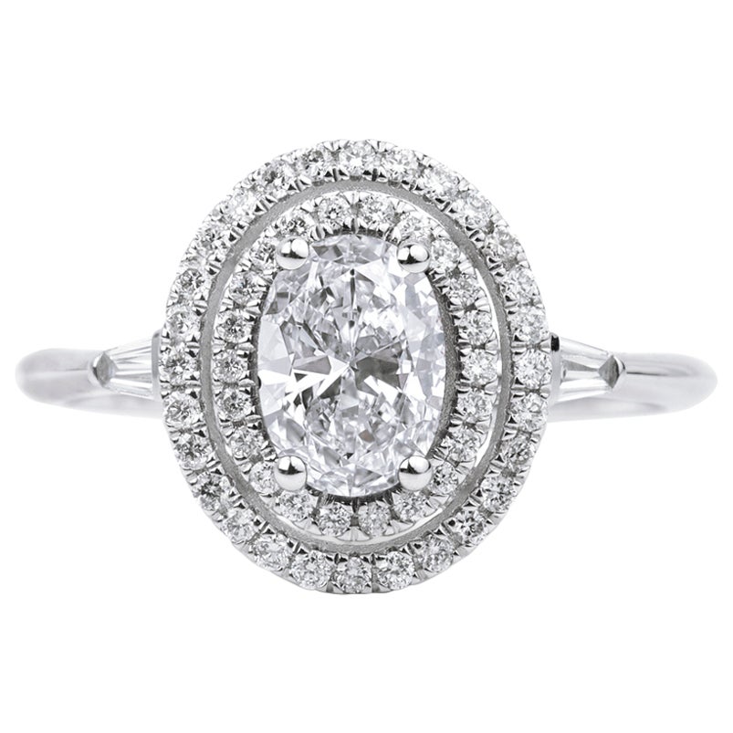 Anello a doppio anello con diamante ovale Art Deco in oro bianco 18 carati certificato GIA da 1,29 carati