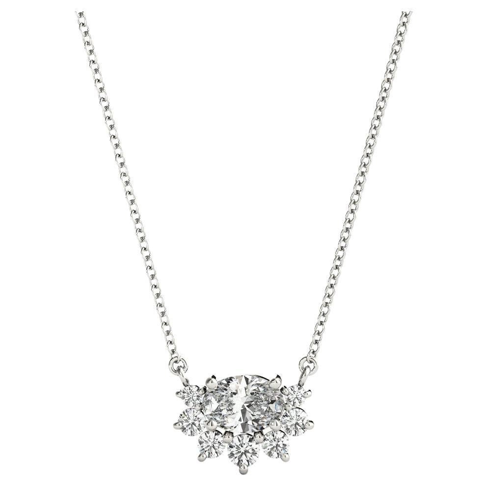 GIA Certified 1.2ct Oval Diamond Flower Cluster Pendant Necklace in White Gold