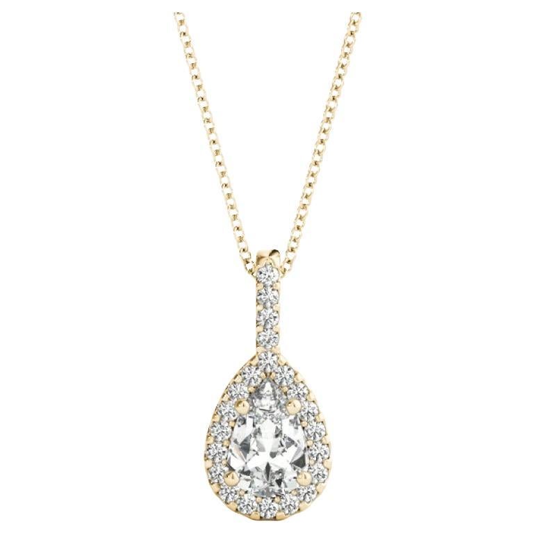 GIA Certified 1.2ct Pear Diamond Halo Yellow Gold Pendant Necklace