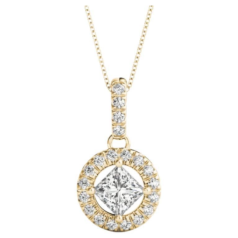 GIA Certified 1.2ct Princess Diamond Circle Halo Gold Pendant Necklace