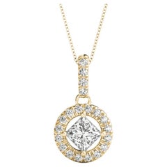 GIA Certified 1.2ct Princess Diamond Circle Halo Gold Pendant Necklace