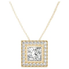 GIA Certified 1.2ct Princess Diamond Milgrain Halo Gold Pendant Necklace