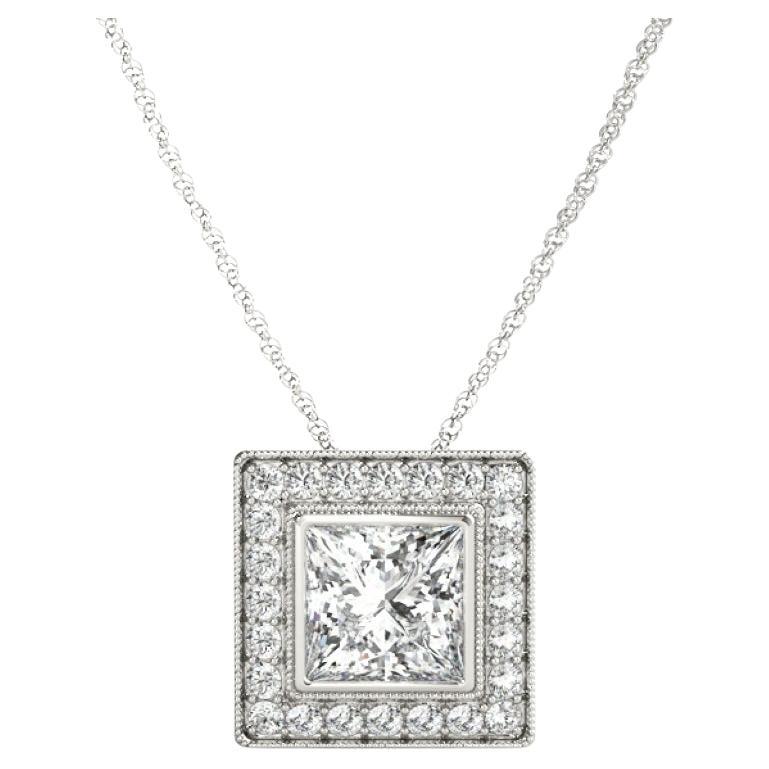 GIA Certificado 1.2ct Princesa VS2 Diamante Milgrain Halo Collar Colgante Oro