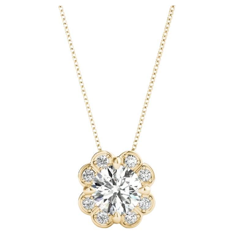 GIA Certified 1.2ct Round Diamond Floral Halo Yellow Gold Pendant Necklace