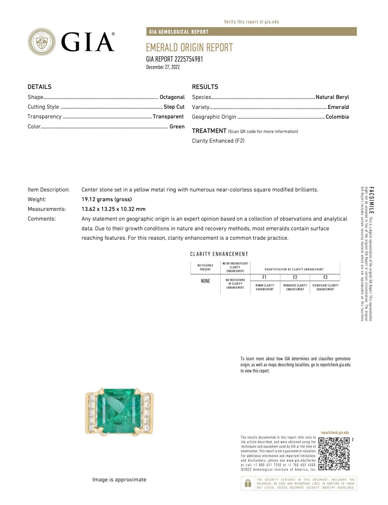 GIA Certified 13 Carat Colombian Emerald & Princess Diamond Unisex Ring in 18k For Sale 5