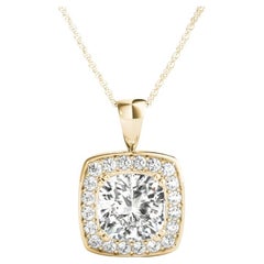 GIA Certified 1.3 Carat Cushion Diamond Frane Halo Gold Pendant Necklace