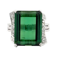 GIA Certified 13 Carat Green Tourmaline Emerald Cut Ring with Diamonds 18K