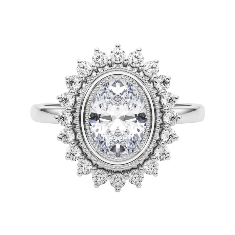 Anello di diamanti in platino con fiore d'epoca e cluster ovale da 1.3 carati certificato GIA